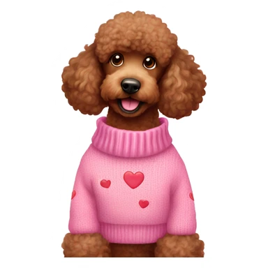 brown poodle in pink sweater with hearts sticker