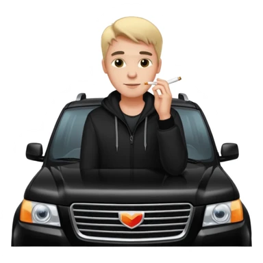 a hansome Leaning on the hood of his black SUV with a cigarette sticker