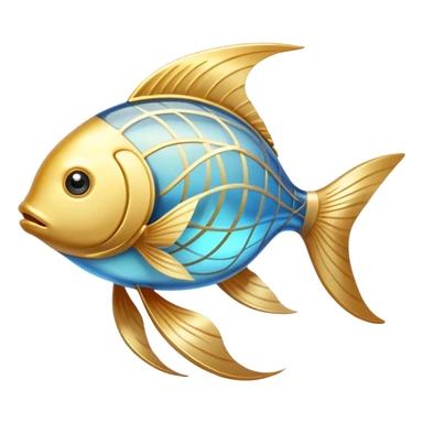 Luminous golden fish icon with flowing lines, stylized as an omega-3 symbol. The fish has a metallic gold appearance with gentle light emanating from within, creating a magical, ethereal quality against a subtle blue glow. sticker