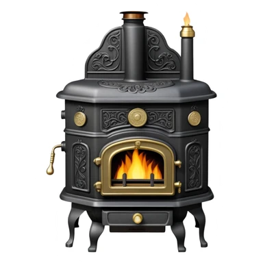 An antique cast iron coal stove from the 1900s with ornate details, small fire visible inside, black metal with brass accents sticker