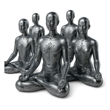 a group of reflective chrome silhouettes, men and women, in the lotus position meditating sticker