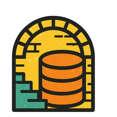 minimalist icon of a database cylinder (disk) in a basement or underground setting with simple stairs, arch, or brickwork, worn distressed effect sticker