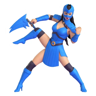 Kitana from Mortal Kombat 3, blue warrior with mask and fans, combat pose, 3D emoji style sticker