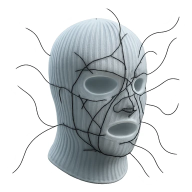 The mask is a full-head, white knitted balaclava with a tight ribbed texture. It features two asymmetrical eye openings and a partially exposed mouth area. Black thread is stitched across the surface in chaotic, abstract lines that trace facial features, giving a hand-drawn effect. Several black cords extend outward from the mask, varying in length and direction, adding a sculptural, almost organic appearance. The overall look is bold, handcrafted, and visually striking. sticker