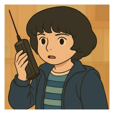 Mike Wheeler with a voluminous bowl haircut, wearing iconic first season clothes (blue striped shirt and jacket), simple and delicate line art, colored in pastel tones, with thick and dark outlines, in Ghibli style, 1:1 format. sticker