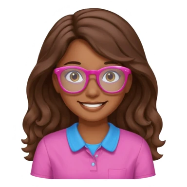 Una chica color de piel sea morena ligado con blanco ojos cafés una sonrisa 🙂 cabello largo ondulado y café camisa de color rosa y lentes de ver azules  sticker