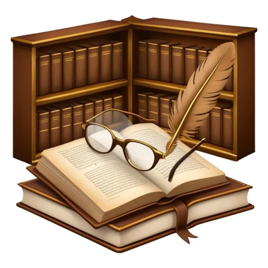 An icon featuring an open book with classic text, a feather quill, and reading glasses, symbolizing literary studies. The design includes old library shelves and vintage manuscripts in the background. Transparent background emphasizes the deep analysis of written works and literary history. sticker