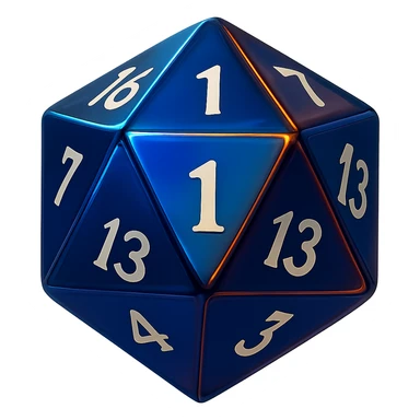 Rotate the D20 dice so the side facing the viewer shows the number 1. Keep the modern, sleek design with vibrant colors and a glossy finish. No background. sticker