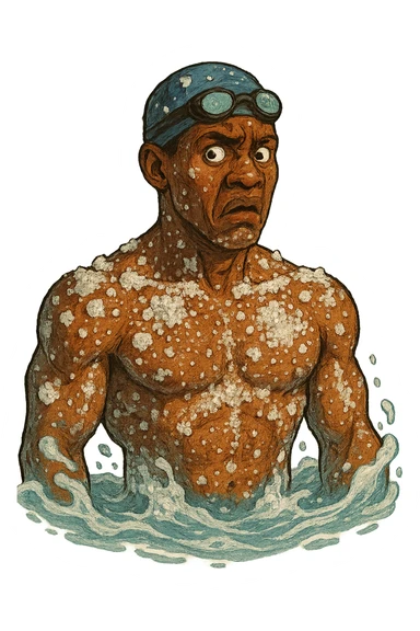 Африканский пловец в чуть рисованном объемном стиле, его тело в кристаллах и разводах соли, лицо недовольно удивленное, прозрачный фон sticker