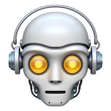 Emoji stylisé d'un cerveau robotique avec un circuit imprimé visible et un petit halo lumineux au-dessus, fond blanc sticker