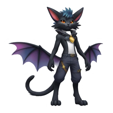cool edgy anthro godly colorful ethereal black fantasy beautiful elegant nargacuga-Noivern-cat-Fakemon wearing a collar, cargo pants, full body sticker