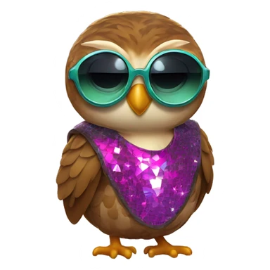 a rowlet brown owl emoji with sunglasses and a 80s disco outfit on sticker