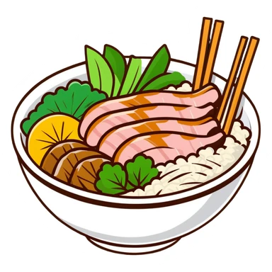 A Vietnamese Bún Thịt Nướng dish with rice noodles, grilled pork, fresh herbs, and vegetables in a bowl sticker