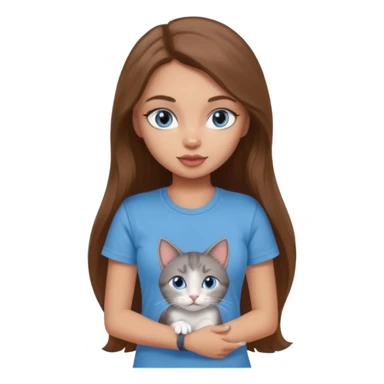 a pretty bratz dusky light skin girl with long brown hair, blue eyes with six cats nd wearing a grey tshirt sticker