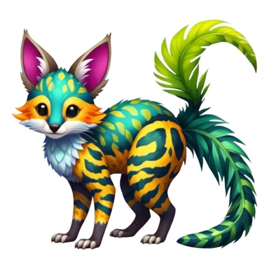 Feral Rare Fantasy vibrant colorful tropical Vernid-Trico-species by LiLaiRa, random markings, tufted tail, tufted ears, full body sticker