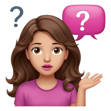 girl with long wavy brown hair, brown eyes, light to medium complexion, in a pink shirt, pink lips, long lashes, shugging, question mark one speech bubble sticker