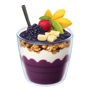 Açaí in a clear cup with layers of fruits and granola and condensed milk sticker