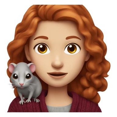 redhead girl with grey eyes with long hair and Dyson styling in a burgundy sweater and a rat on her shoulder sticker