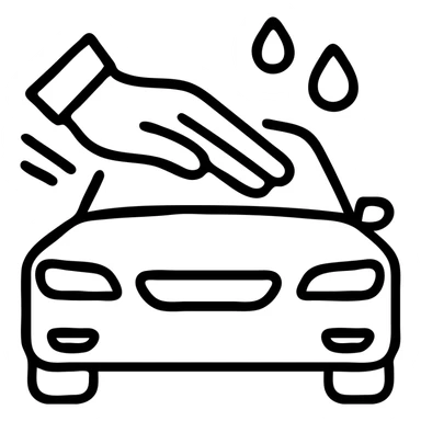 outlined icon of an elegant hand wearing a white glove on the hood of a high-end car, with water drops or shine, main color black, silver or white details, smooth motion lines suggesting cleaning, modern and clean style, no text sticker