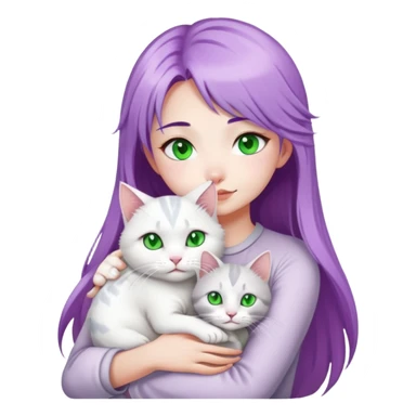 a purple hair Asian girl with white skin, hug a silver&white highland cat with green eyes sticker