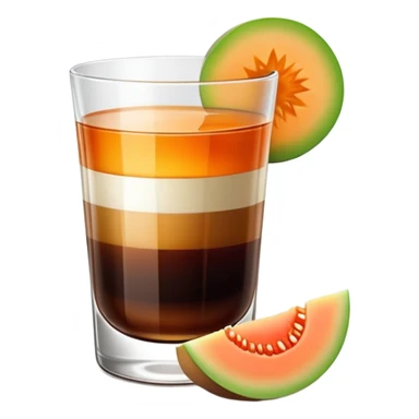 small clear glass with layered carajillo drink - amber liquor on bottom, dark coffee on top, with a slice of cantaloupe melon on the side sticker