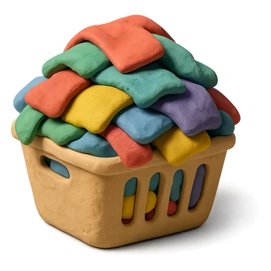 laundry basket filled with colorful clothes, visible fingerprints, soft lighting, claymation style sticker