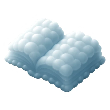 top view of a thick open book made entirely of small, very bright white fluffy convex clouds, matte glass style sticker