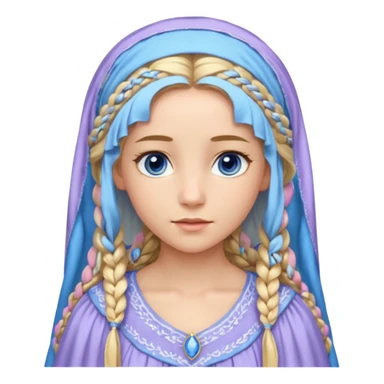 Joven de unos 30 años, de aspecto dulce, elegante.
Piel clara, ojos (pueden ser azules o verdes)
Rubio o castaño largo, con trenzas.
Vestido largo de tonos suaves (blanco, azul o lavanda), con bordados dorados; un manto o toca fina cubriendo la cabeza. Que se vea todo el cuerpo de pies a cabeza sticker