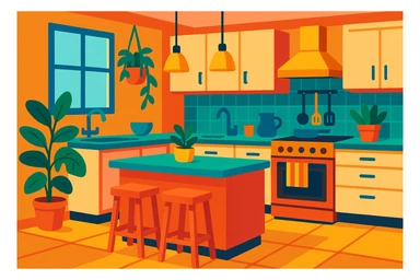 kitchen room with island counter, hanging lights, and plants in a vibrant toon style sticker