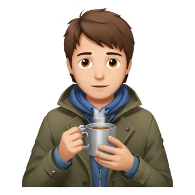 A gentle-looking man with messy hair and layered torn jackets, warming his hands over a small tin cup of hot drink.
 sticker