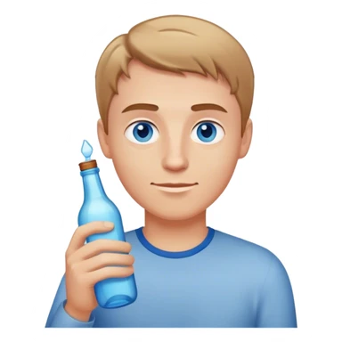 white guy light brown short hair blue eyes holding bottle sticker