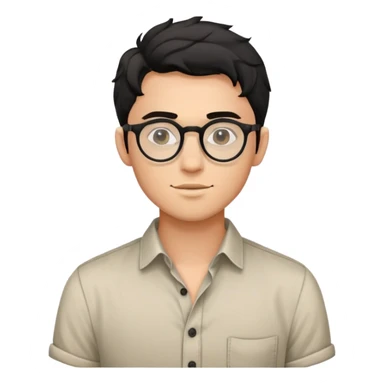 Torso view of young man with black wavy hair, round glasses, casual buttoned shirt, no tie sticker