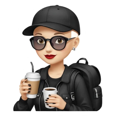 ["A happy woman with light skin, bald, wearing a baseball cap and sunglasses, dressed in goth fashion, is drinking coffee while holding a backpack."] sticker