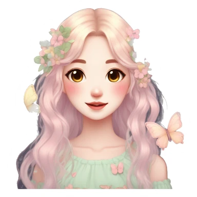 Cute kawaii gorgeous pretty anime cartoon pastel lady with butterflies and beautiful hair fairycore cottagecore detailed high quality trending aesthetic sticker