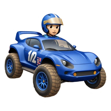 Dirty Joke’s Midnight-blue Local Motors Rally Fighter off road race car being driven by a cayman , sitting in the driver’s seat, over a dirt ramp  sticker