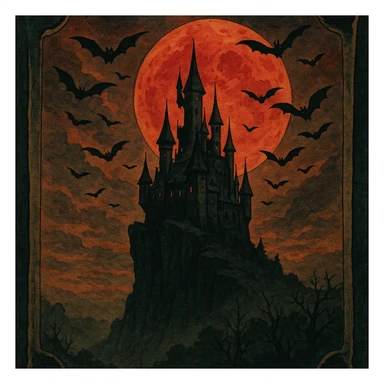 creepy banner, vampire castle on a cliff under blood moon with bats, gothic horror style sticker