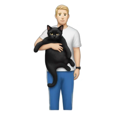 white man with black hair, beany in tracksuit holding a black cat like a baby in arms sticker