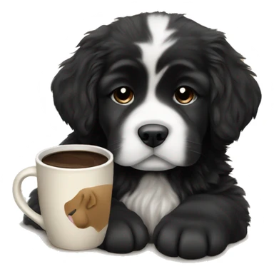 Newfoundland puppy w coffee cup  sticker