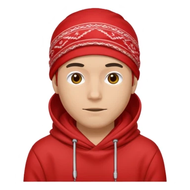 Man wearing a red hoodie and bandana sticker