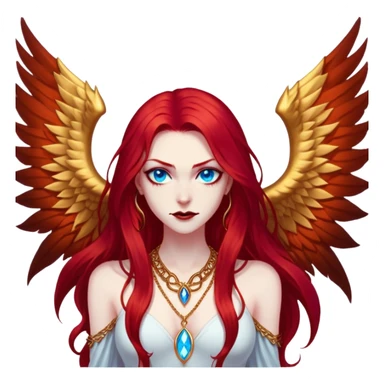 half body portrait of an extremely diabolical girl with massive towering wings, very long flowing blood red hair, glowing blue eyes, black hellfire aura, no horns, evil grin, gold necklace sticker