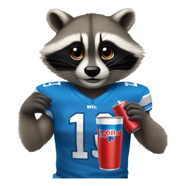 A raccoon holding a red bull drink, wearing a blue Detroit lions jersey  sticker