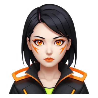 Cyberpunk Japanese woman, mid-50s looking young, sharp features, sleek black hair, glowing orange eyes, vengeful expression, neon highlights. sticker