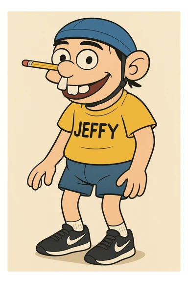 young man with blue helmet, pencil balanced on nose, prominent bunny teeth, yellow shirt labeled 'JEFFY', black Nike sneakers, black eyebrows, playful expression, cartoon style sticker