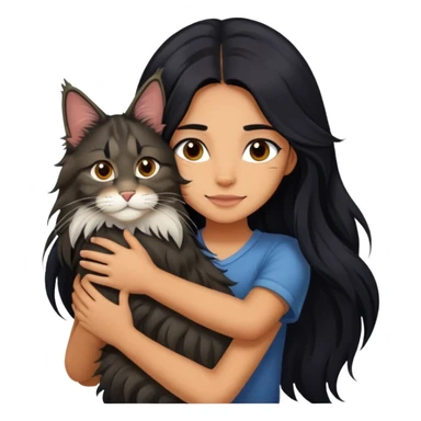 A girl with long black  hair tightly hugged a Maine coon sticker