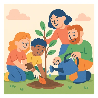 children and adults planting a tree together, smiling faces, gentle pastel colors, soft cartoon style, community of kindness sticker