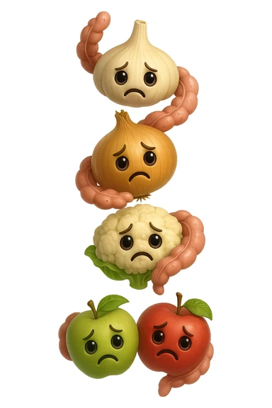 EMOJI STILE IPHONE DI aglio, cipolle, cavolfiore e mele che cadono verticalmente dall'alto con espressione triste con pezzi di colon avvolti intorno, IPERREALISTICO 4K sticker