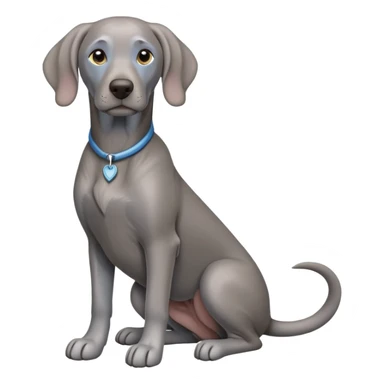 cinematic-[weimaraner]-realistic-full-body-sitting-emoji,-tail-resting-loosely-beside-its-paws,-head-tilted-dramatically, -sleek-[grey blue]-fur,-simplified-yet-realistic-focused-features,-highly-detailed,-glowing-with-an-almost-sarcastic-glow sticker