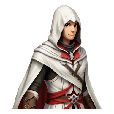 icon featuring Assasin's Creed in an iconic assassin's hood, standing tall against the backdrop of Florence. The design captures the essence of adventure, with intricate details of historical architecture and a sense of mystery. The character is poised, ready for action. transparent background. sticker