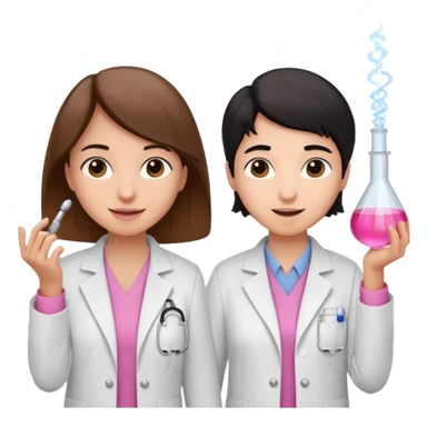 cientificas con blusa rosa y bata blanca felices, una chica con pelo marrón y otra chica con pelo negro sticker