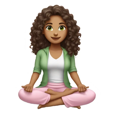 Dark brown long curly hair and green eyes yoga beautiful girl in light pink pink pink clothes sitting on a yoga mat sticker